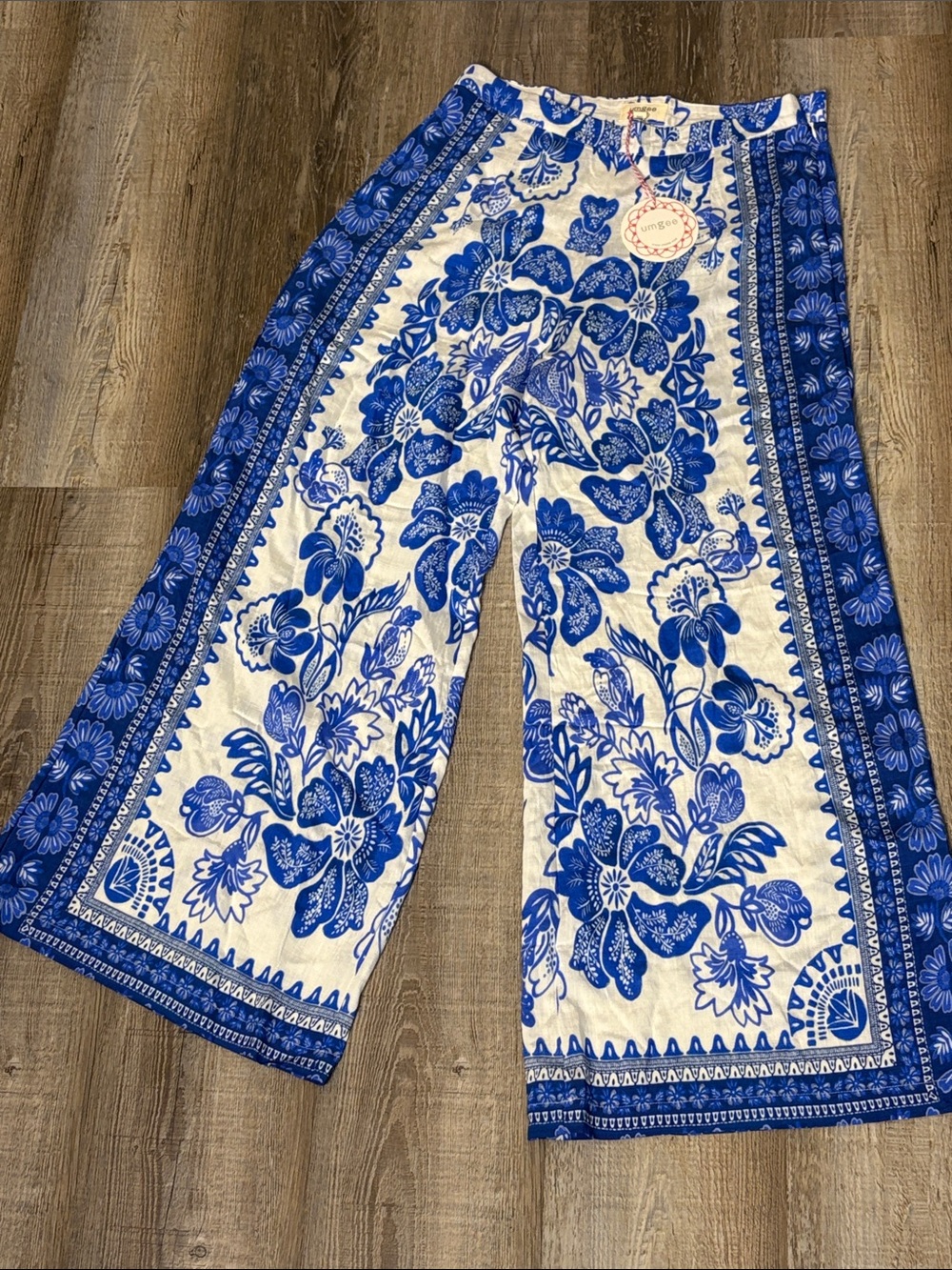 Umgee Blue & White Floral Wide-Leg Women’s Pants - Picture 1 of 5